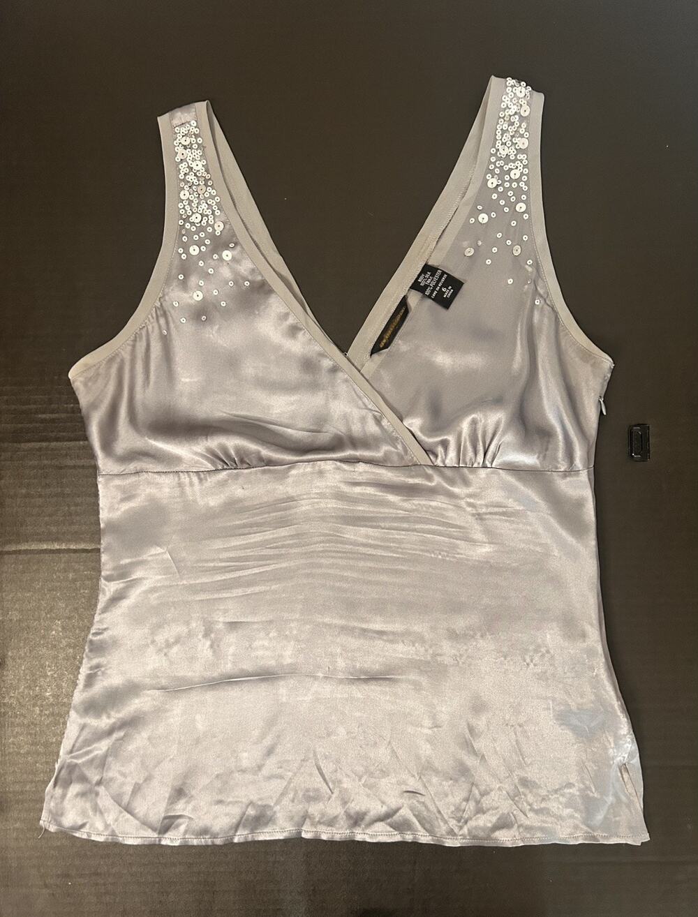 New York & Company Gray 100% Silk Solid V-Neck Sequin Camisole, M